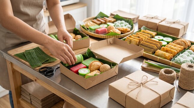 Woman Packing Traditional Indonesian Snacks in Cardboard Catering Box for Food Delivery Service