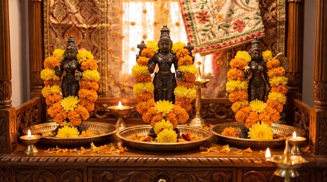 Lord Dattatreya Temple Idols Adorned with Marigold Flowers and Diyas &ndash; Sacred Ritual of Devotion for Dattatreya Jayanti Worship and Spiritual Offerings