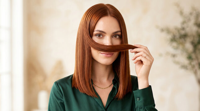 Playful redhead woman covering her mouth with a strand of her hair perfect for fun beauty portraits and cheerful lifestyle photography concepts