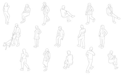 Obraz na płótnie Canvas Isometric people drawing collection for architectural entourage CAD presentation and city landscape renderings featuring diverse walking, sitting, standing poses and a pet dog.