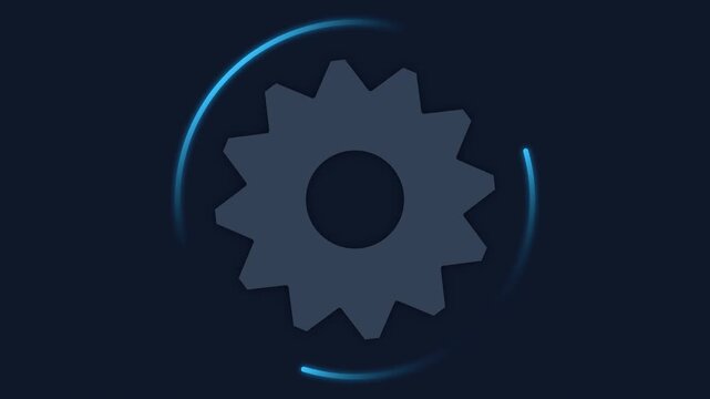 Rotating gear mechanism with glowing blue circular light lines on dark background.