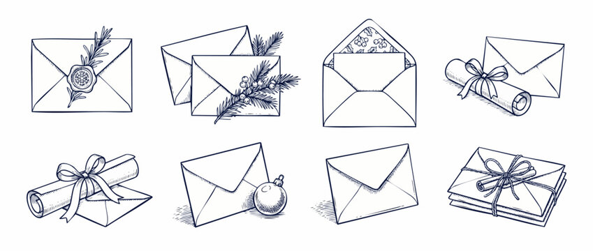 Vintage Christmas envelope sketch set with wax seal, ribbon scroll, pine branches and holiday greeting letters hand drawn in ink outline style for winter seasonal invitation card design elements.