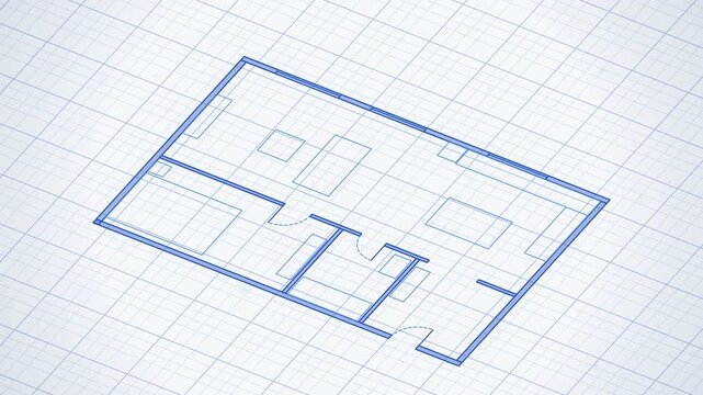 Apartment floor plan blueprint turning into a furnished 3D isometric home with glowing windows, 4K animation