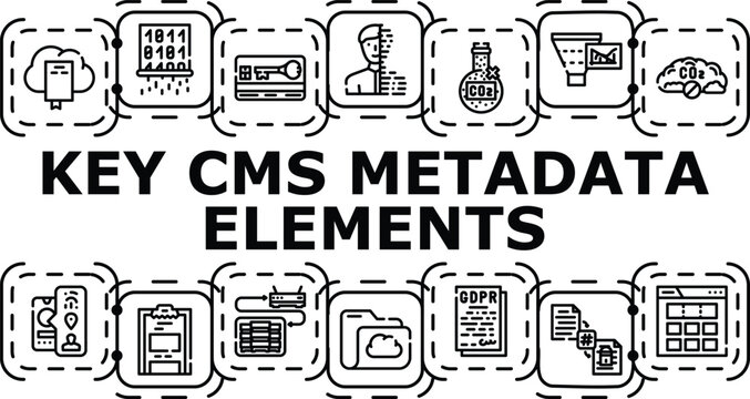 Key cms metadata elements banner infographic. Canonical slug, title author, publish schema icon vector illustration