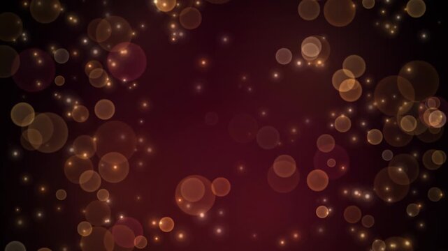 Gold glitter particles and bokeh lights rising on dark burgundy background, Christmas holiday seamless 4K loop