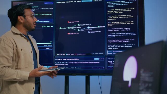 Professional Indian Software Engineer Presenting and Explaining Software Deployment Generative Artificial Intelligence Application Development to Colleagues During Professional Technical Meeting.