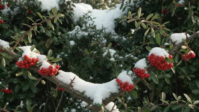 Arching woody shrub with tight red berry bunches tucked beneath fresh snow pillows, slender olive foliage extending across a shadowy winter thicket in a muted seasonal botanical woodland portrait