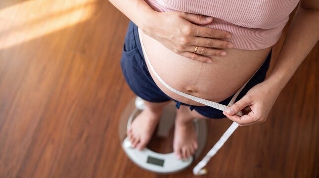 Pregnant woman measures her belly with a tape measure while standing on a bathroom scale on a wooden floor, tracking weight gain during pregnancy.