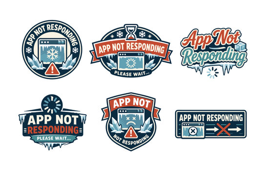 App not responding and software frozen vintage badges set: vector system freeze emblems, icy computer window, loading spinner circle, hourglass wait, and program crash stickers