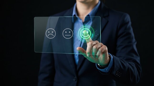 Businesswoman in suit pressing positive smiling face icon on glowing digital customer feedback interface representing service satisfaction survey evaluation and user experience rating