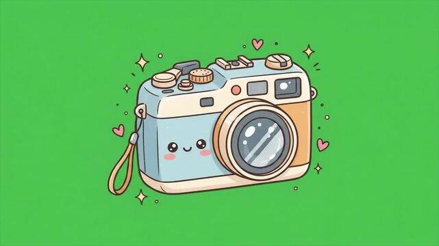 Cute retro camera cartoon character. Cute camera icon animation on green screen. Animated vintage camera character.