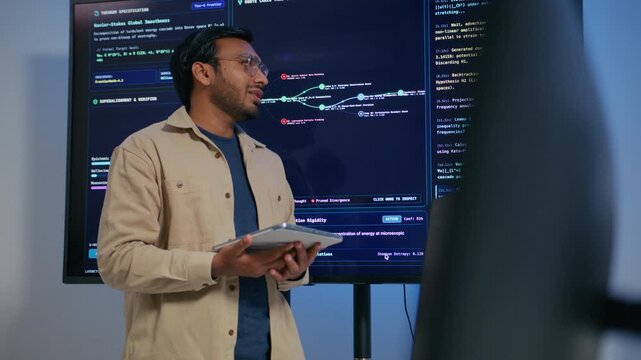 Male DevOps Engineer Holding Digital Tablet and Explaining Software Deployment Architecture and Discussing Development Operations Strategy with Colleagues Reviewing Programming Code on Large Screen.