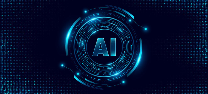 Futuristic AI technology background with glowing HUD digital circles and circuit elements on a deep blue pixel grid backdrop. Hi-tech banner design for artificial intelligence or machine learning.