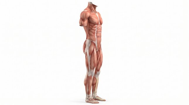 3D Render of Human Muscular System Anatomy Side View.