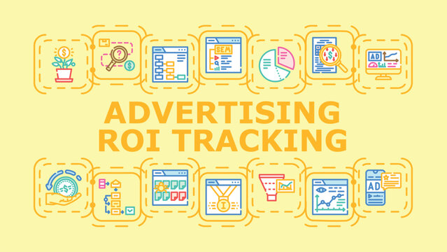 Advertising roi tracking banner infographic. Impressions clicks, efficiency conversion, leads optimization icon vector illustration