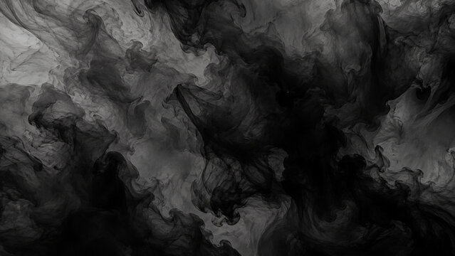 Black ink swirling in water creating abstract smoke clouds for