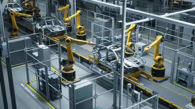 Aerial Flight Over an Automated Car Plant: Robotic Manipulators Weld, Build and Inspect Vehicle Body Shells Carried by a Driverless Conveyor Line. Industry 4.0 Automotive Mass Production.