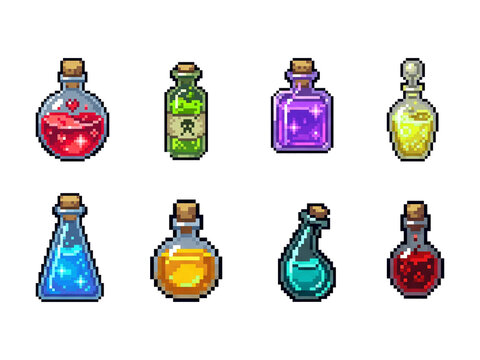 Pixel Art Magic Potion Bottles Set Game Sprite Elixir Health Mana Poison Assets Collection