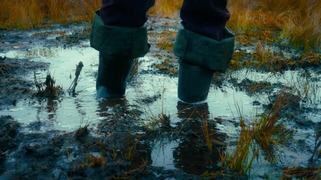 Close up of rubber boots sinking deep into water and mud of dangerous peat bog.

