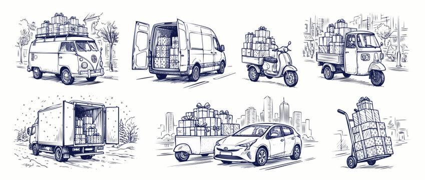 Delivery van gift parcel transport set in line art sketch style for Christmas holiday shipping, featuring cargo trucks, scooter, car, dolly, and packages for express logistics and distribution.
