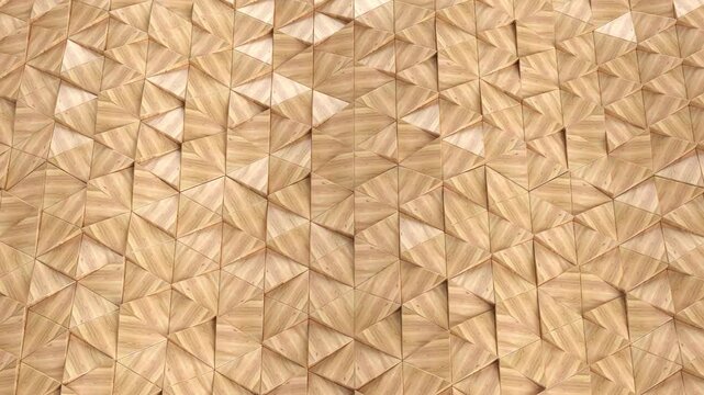 3D rendering abstract seamless loop showing a modern architectural wall made of warm triangular wood panels moving gently, great for interior backgrounds.