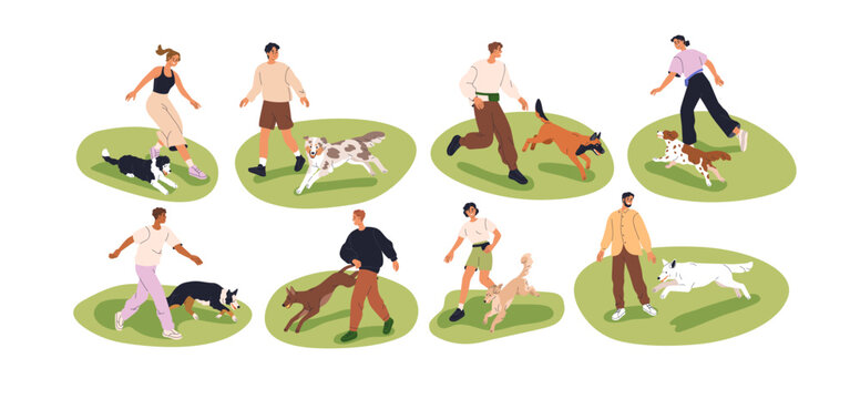 Dogs play with pet owners. Characters walk with puppies. Pet owners and dogs activity, run in park, play on summer grass outdoors, training, jumping. Flat vector illustrations set isolated on white