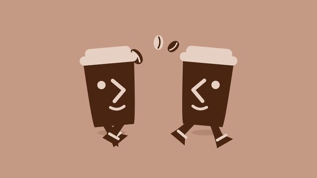 Two animated coffee cups walking and talking in studio