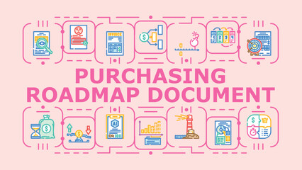 Fototapeta premium Purchasing roadmap document banner infographic. Planning budget, inventory supplier, analysis approval icon vector illustration