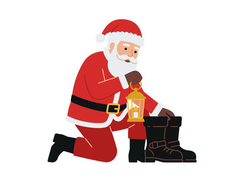 Santa Claus Holding Lantern Inspecting Black Boots
