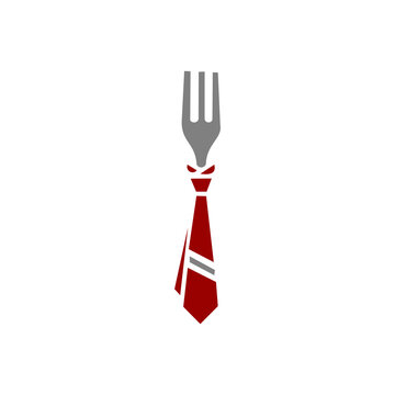 This image is a creative, minimalist vector logo featuring a grey fork combined with a red necktie with a collar, symbolizing business dining, corporate catering, or professional culinary services