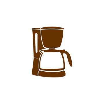 This image is a minimalist, brown-and-white vector icon depicting a traditional drip coffee maker with a glass carafe, filter basket, and water reservoir. The clean silhouette and warm brown tones 