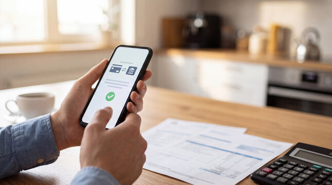 Person confirms a digital payment on a smartphone beside household bills and calculator in a kitchen. Online utility payment and personal finance. Household utility. 