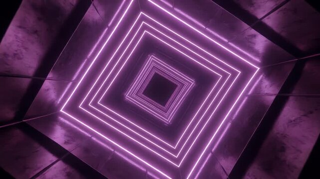 A dark, abstract tunnel with concentric glowing purple squares recedes into the distance.