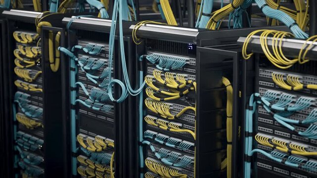 Data Center Server Room Racks Packed With Gpu Nodes, Fiber Optic Patch Panels and Cabling Powering Ai Artificial Intelligence Training, Deep Machine Learning, Big Data Inference and Cloud Computing