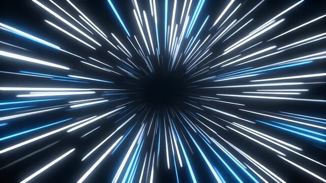 A visually dynamic composite image depicts a perspective view of a warp tunnel or hyperspace jump, with streaks of white and blue light radiating from a central black void.