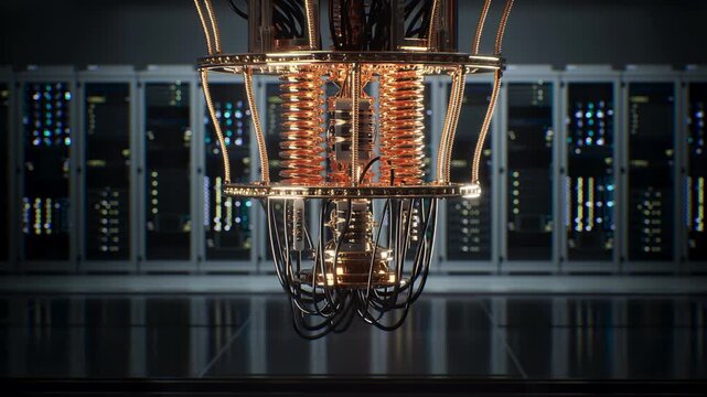 Quantum Computer Processor Suspended in Data Center Server Room, Running Calculations That Accelerate Ai Training, Machine Learning, Big Data Analytics, Molecular Simulation and Optimization Research