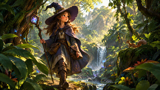 Cute Woman Wizard Walking in a Jungle, Fairytale Children&rsquo;s Book Illustration, Adorable Fantasy Character Art, Magical Forest Adventure, Whimsical Cartoon Sorceress, Enchanted Tropical Nature