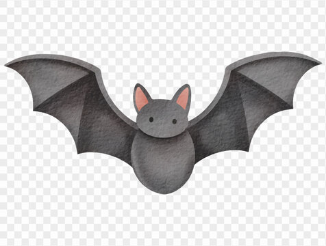 Cute gray flying bat with spread dark wings and pink inner ears, watercolor Halloween animal illustration for party invitations, spooky clipart, children's crafts and seasonal decorations Vector.
