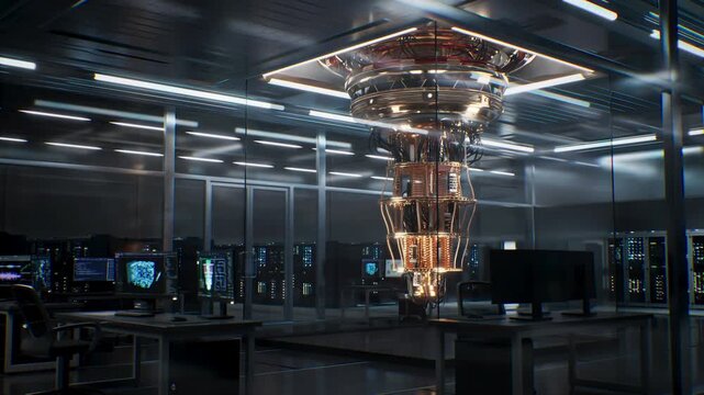 Quantum Computer Mounted in Laboratory Enclosure of a Data Center Server Room, Qubit Processor Solving Optimization, Ai Training, Machine Learning, Big Data Analytics and Scientific Research Tasks