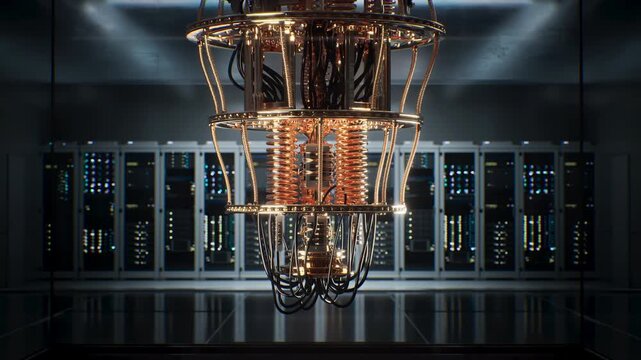 Quantum Computer Suspended in a Data Center Server Room, Processing Qubit Algorithms That Advance Ai Training, Machine Learning, Big Data Analysis, Materials Science Modeling and Optimization Research