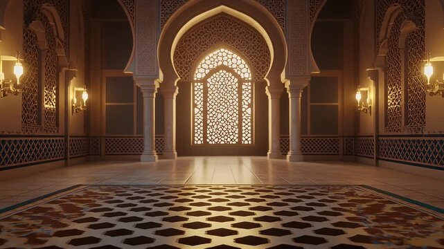 An opulent and ornate hall with Moorish architectural elements.