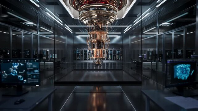Quantum Computer in a Data Center Server Room Rack Hall, Running Ai Artificial Intelligence Training, Deep Machine Learning and Big Data Research on Qubits for Molecular Simulation and Drug Discovery