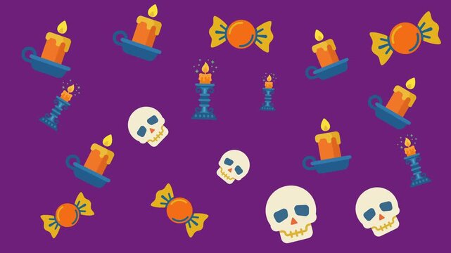 A fun and spooky Halloween pattern featuring animated skulls, lit candles, and candy wrappers on a vibrant purple background. Perfect for holiday projects, decorations, and seasonal design elements.