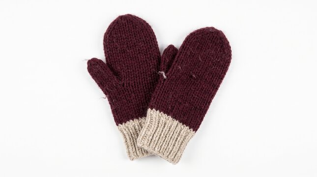 Hand knitted wool mittens in alpine nostalgia christmas chalet feature burgundy yarn with cream ribbed cuffs against a clean white background for winter seasonal apparel.