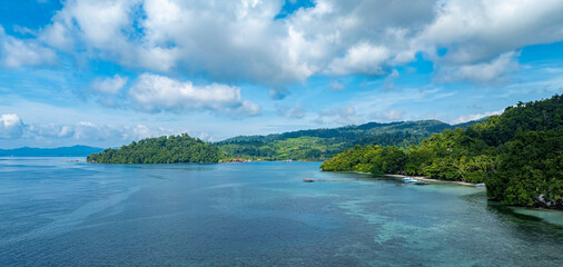 Fototapeta premium The aerial view of a beautiful tropical beach island with white sand beach, palm trees and clear blue ocean and lush green jungle