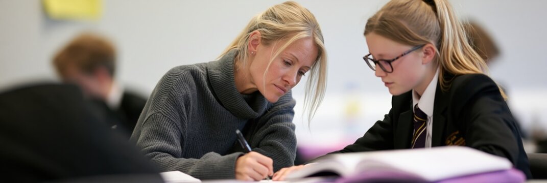Teacher providing academic guidance to student during classroom lesson. Personalized learning support for school education