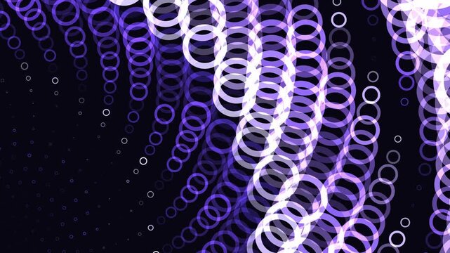 Bright glowing white and purple overlapping rings stream across curved trajectories on a black background in a 3D animation