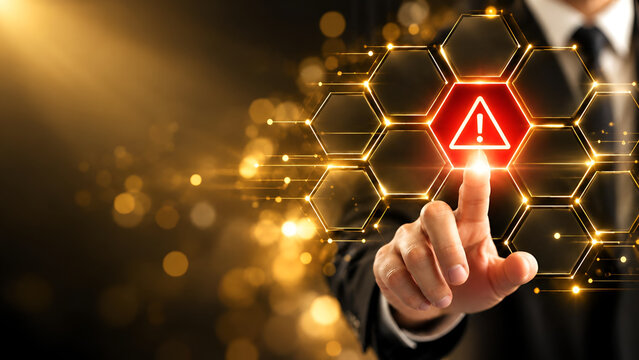 Businessman touching a futuristic holographic warning icon on a digital interface, symbolizing cybersecurity and data protection concerns in technology.