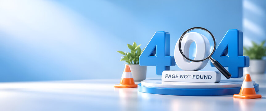 Creative 404 error concept with a magnifying glass and traffic cones. Symbolizes website errors and internet issues in a digital landscape.