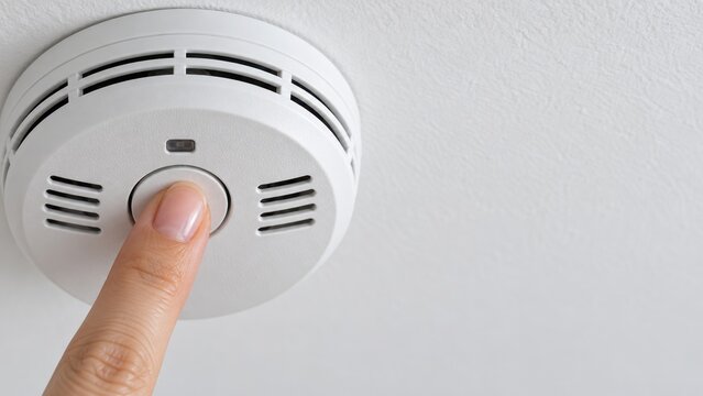 Close up of person hand pressing test button on ceiling smoke detector for safety check
